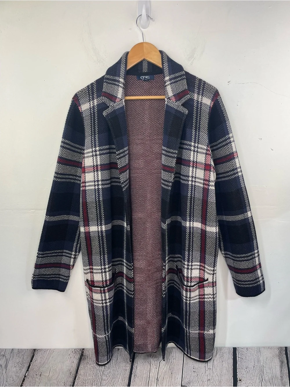 Chaps Plaid Open Front Cardigan Coat – Navy Burgundy & Cream size Large